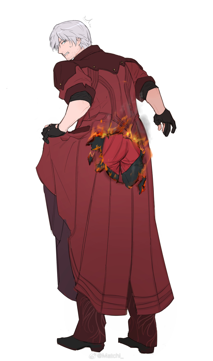 1boy, absurdres, blue_eyes, burnt, burnt_clothes, coat, damaged, dante_(devil_may_cry)