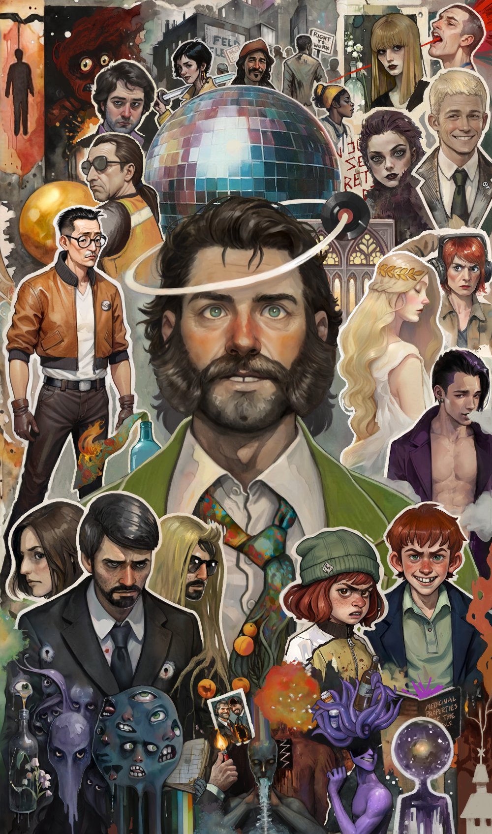 6+boys, 6+girls, angry, asymmetrical_hair, bare_pectorals, beard_stubble, black_hair, blonde_hair, blowing_smoke, bomber_jacket, brown_hair, call_me_manana_(disco_elysium), child, cindy_the_skull_(disco_elysium), cuno, cunoesse_vittulainen, dark-skinned_female, dark_skin, disco_ball, disco_elysium, dora_ingerlund, dornkaitlyn, drama_(disco_elysium), earrings, elizabeth_beaufort, esprit_de_corps_(disco_elysium), extra_faces, facial_hair, garte_(disco_elysium), glasses, green_eyes, green_jacket, harry_du_bois, head_wreath, highres, inland_empire_(disco_elysium), jacket, jean_vicquemare, jewelry, judit_minot, kim_kitsuragi, klaasje_amandou, lighter, lilienne_carter, long_hair, looking_at_viewer, mature_female, mature_male, medium_hair, multiple_boys, multiple_girls, mustache, mutton_chops, necktie, open_clothes, pectorals, purple_hair, record, redhead, rhetoric_(disco_elysium), ruby_(disco_elysium), short_hair, sidecut, smile, smoker_in_the_balcony_(disco_elysium), stubble, suggestion_(disco_elysium), sunglasses, tentacle_hair, tooth_gap, trant_heidelstam, undercut, wig