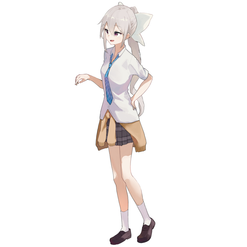 1girl, absurdres, blue_necktie, bow, breasts, brown_footwear, brown_sweater, clothes_around_waist, collared_shirt, commentary_request, double-parted_bangs, full_body, grey_hair, grey_skirt, hair_between_eyes, hair_bow, hair_ornament, hairclip, hand_on_own_hip, hand_up, highres, higuchi_kaede, higuchi_kaede_(3rd_costume), kurobeko_(kur0bek0), large_bow, loafers, long_hair, looking_ahead, loose_necktie, medium_breasts, miniskirt, necktie, nijisanji, official_alternate_costume, open_collar, open_mouth, pleated_skirt, ponytail, raised_eyebrows, ribbed_socks, shirt, shoes, sidelocks, simple_background, skirt, sleeves_rolled_up, smile, socks, solo, standing, sweater, sweater_around_waist, thick_eyelashes, thighs, three_quarter_view, violet_eyes, virtual_youtuber, white_background, white_bow, white_shirt, white_socks