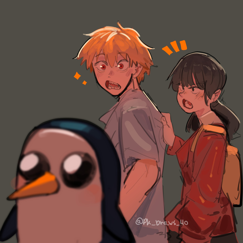 1boy, 1girl, absurdres, adventure_time, bird, black_eyes, black_hair, chainsaw_man