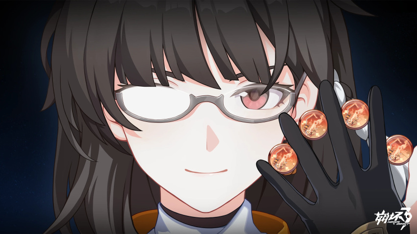 1girl, black_background, black_gloves, black_hair, close-up, closed_mouth, coin, copyright_name
