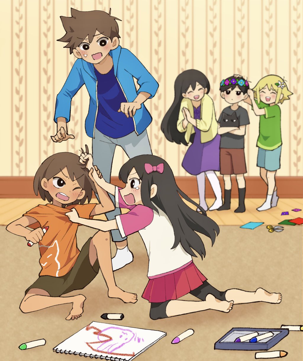2girls, 4boys, ^_^, alternate_eye_color, animal, aubrey_(faraway)_(omori), aubrey_(omori), barefoot