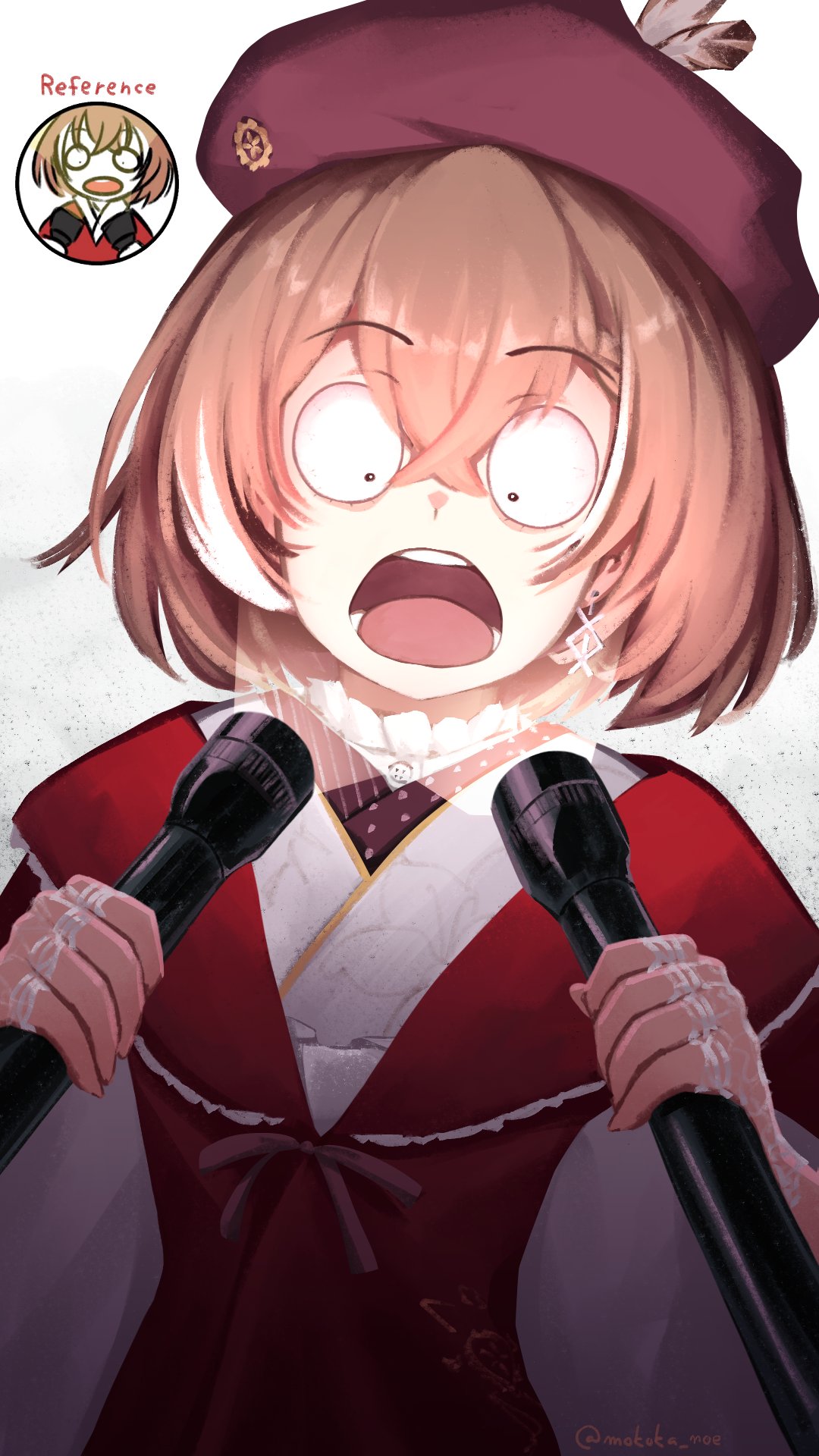 1girl, :o, beret, braid, braided_bangs, brown_hair, crossed_bangs, dual_wielding