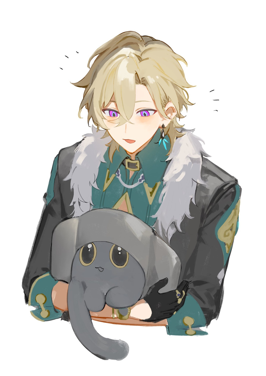 1boy, animal, aqua_shirt, aventurine_(honkai:_star_rail), black_collar, black_gloves, black_jacket, blonde_hair