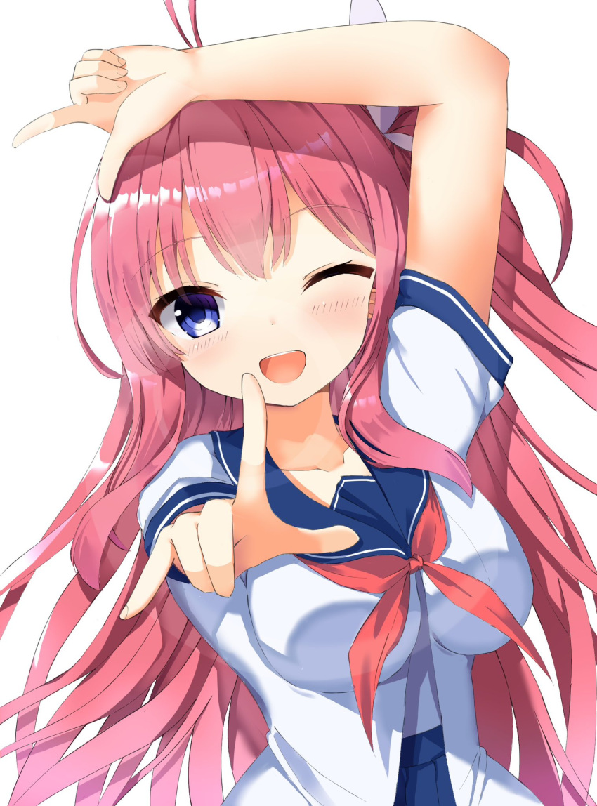 1girl, ;d, antenna_hair, ao_no_kanata_no_four_rhythm, arm_up, blue_eyes, blue_sailor_collar, blush