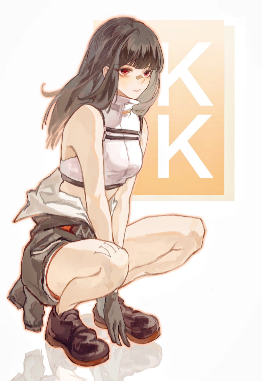 1girl, bandaid, bandaid_on_face, bandaid_on_nose, bare_arms, bare_legs, bare_shoulders, black_footwear, black_gloves, black_hair, blunt_bangs, breasts, character_name, chinese_commentary, clothes_around_waist, commentary, crop_top, from_side, full_body, gloves, grey_shorts, hand_on_floor, highres, k.k._(path_to_nowhere), leg_tattoo, loafers, long_hair, looking_at_viewer, looking_to_the_side, medium_breasts, midriff, own_hands_together, path_to_nowhere, red_eyes, reflective_floor, shirt, shoes, shorts, sideways_glance, sleeveless, sleeveless_shirt, solo, squatting, tattoo, turtleneck, turtleneck_shirt, white_background, white_shirt, xiyiji_li_you_zhi