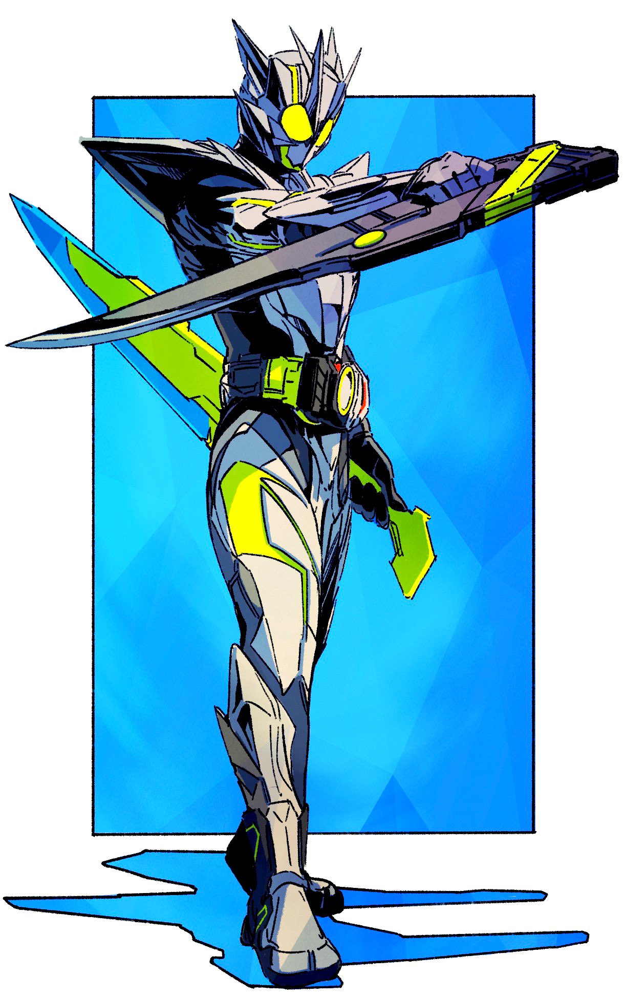 1boy, armor, attache_calibur, border, bug, driver_(kamen_rider), dual_wielding, full_body
