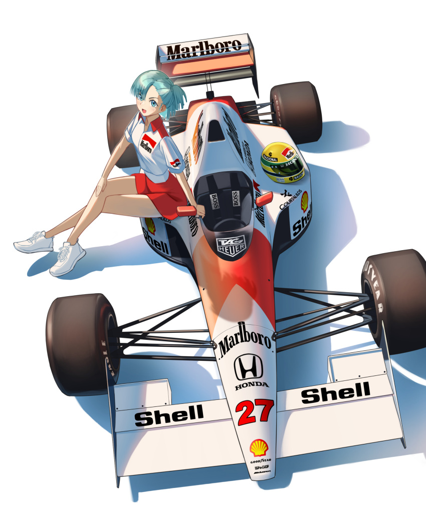 1girl, absurdres, aqua_eyes, aqua_hair, arm_support, bulma, car, collared_shirt