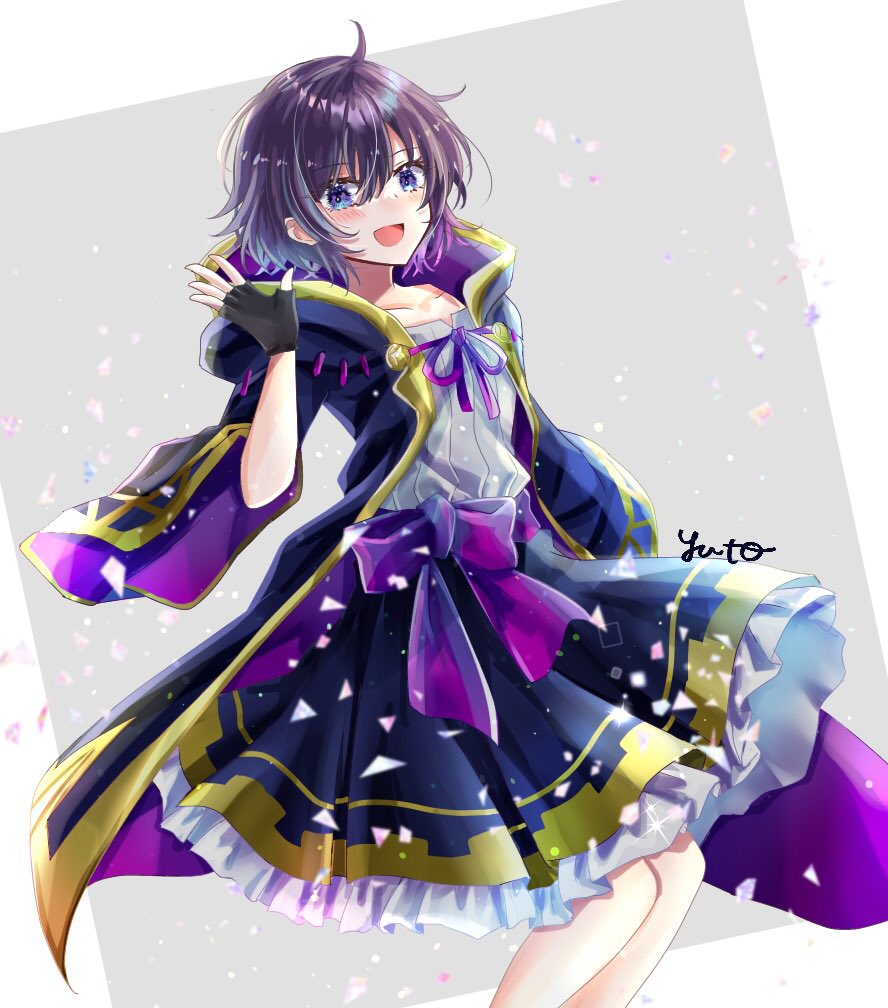 1girl, black_hair, black_robe, dress, fingerless_gloves, fire_emblem, fire_emblem_awakening, fire_emblem_heroes, gloves, hood, hood_down, hooded_coat, morgan_(female)_(fire_emblem), morgan_(fire_emblem), robe, robin_(female)_(child)_(fire_emblem), signature, simple_background, smile, waving, yuyu_(spika)