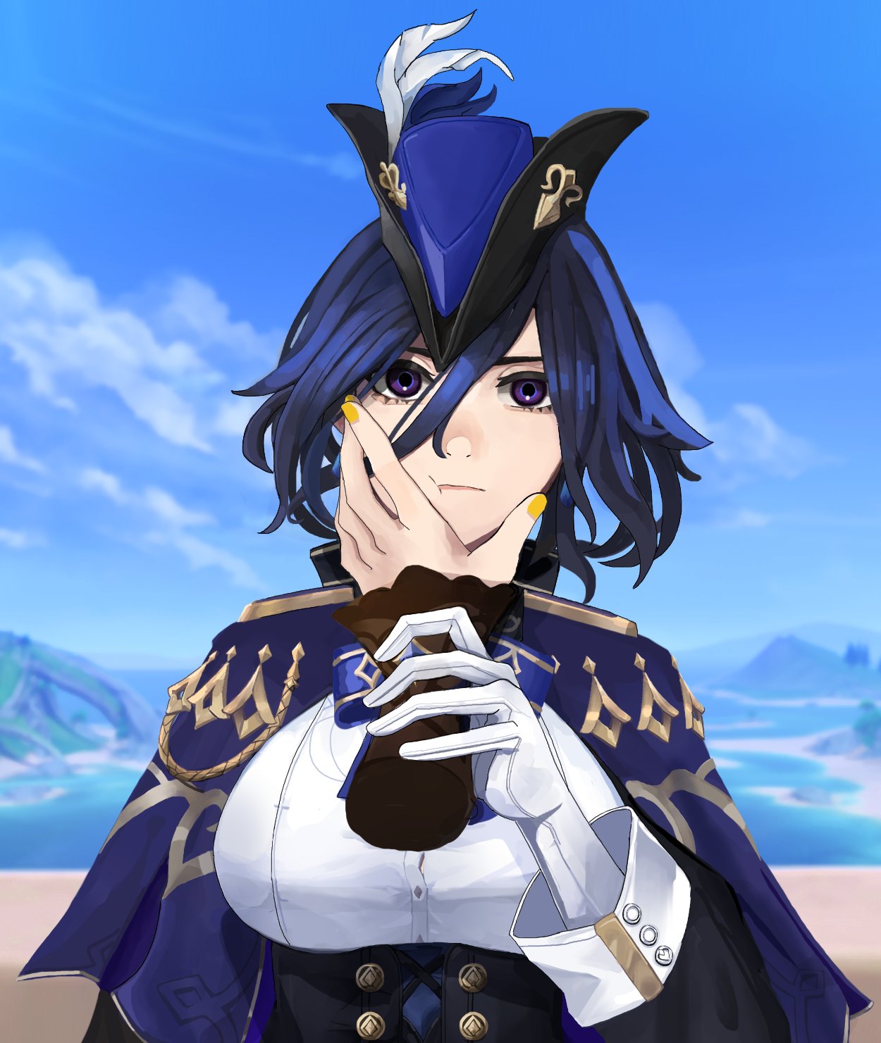 2girls, :t, blue_capelet, blue_hair, blue_sky, capelet, capkal, clorinde_(genshin_impact)