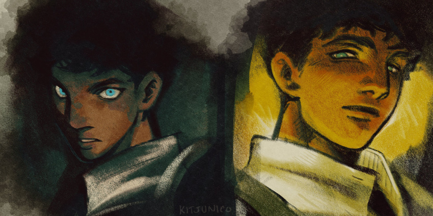 1boy, armor, black_background, black_hair, blue_eyes, bright_pupils, dark-skinned_male, dark_skin, dungeon_meshi, highres, kabru, kitsunic0, looking_at_viewer, male_focus, multiple_views, parted_lips, portrait, short_hair, yellow_background