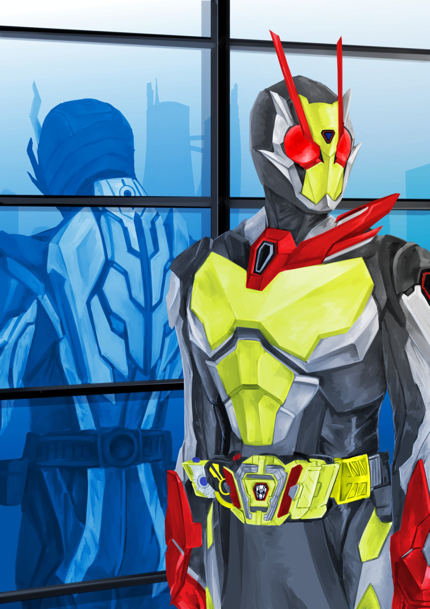 2boys, antennae, armor, belt, black_bodysuit, bodysuit, bug, driver_(kamen_rider)