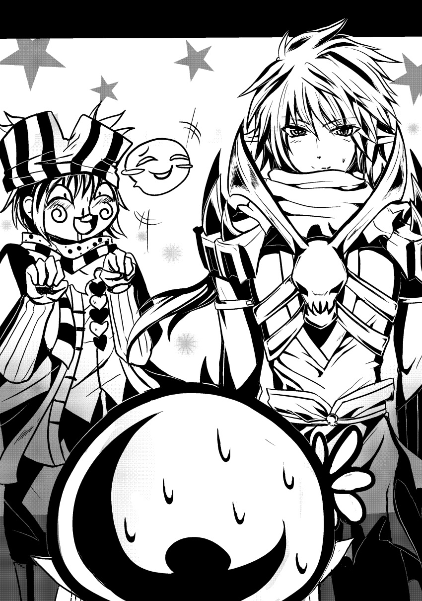 1girl, 2boys, absurdres, arch_bishop_(ragnarok_online), armor, blush, boxers, boxers_on_head