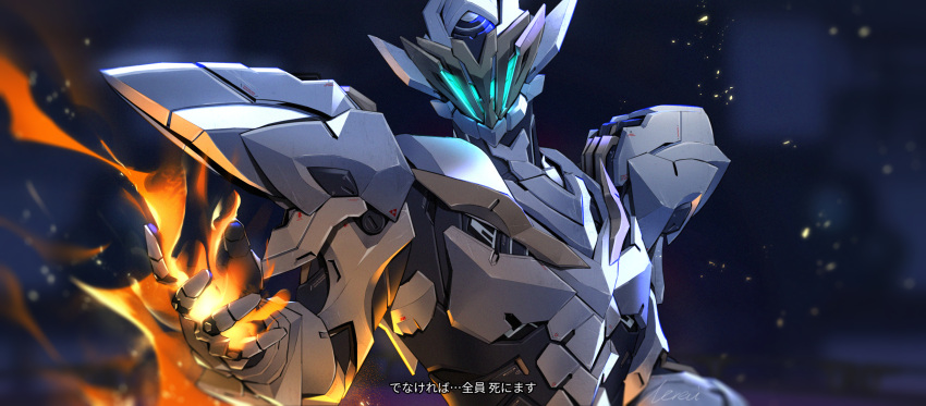 1other, afternoon_pm, armor, breastplate, commentary_request, fire, helmet, highres, holding_flame, honkai:_star_rail, honkai_(series), looking_at_viewer, mecha, other_focus, outstretched_hand, pauldrons, robot, sam_(honkai:_star_rail), shoulder_armor, signature, solo, solo_focus, translation_request, upper_body, vambraces, white_armor