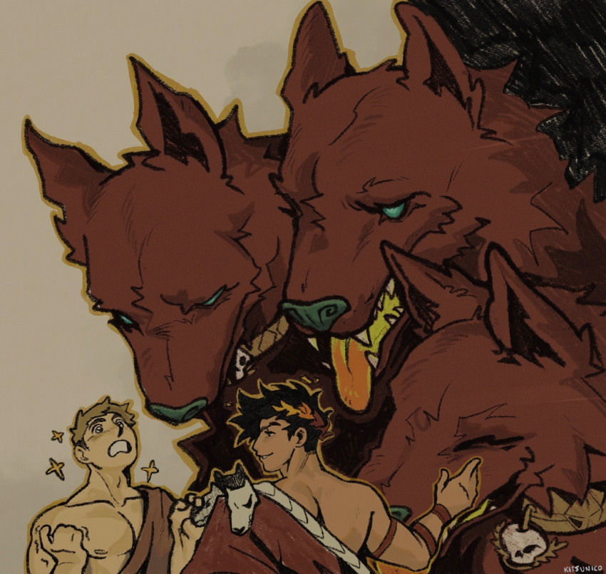 2boys, artist_name, black_eyes, black_hair, brown_background, brown_hair, cerberus_(hades), clenched_teeth