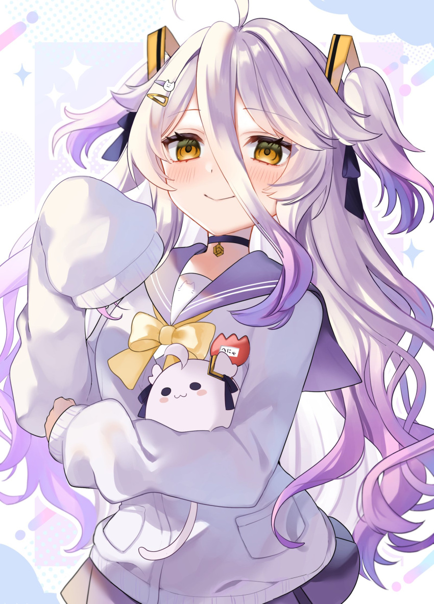 1girl, ahoge, artist_request, blush, choker, commentary, gradient_hair, grey_hair