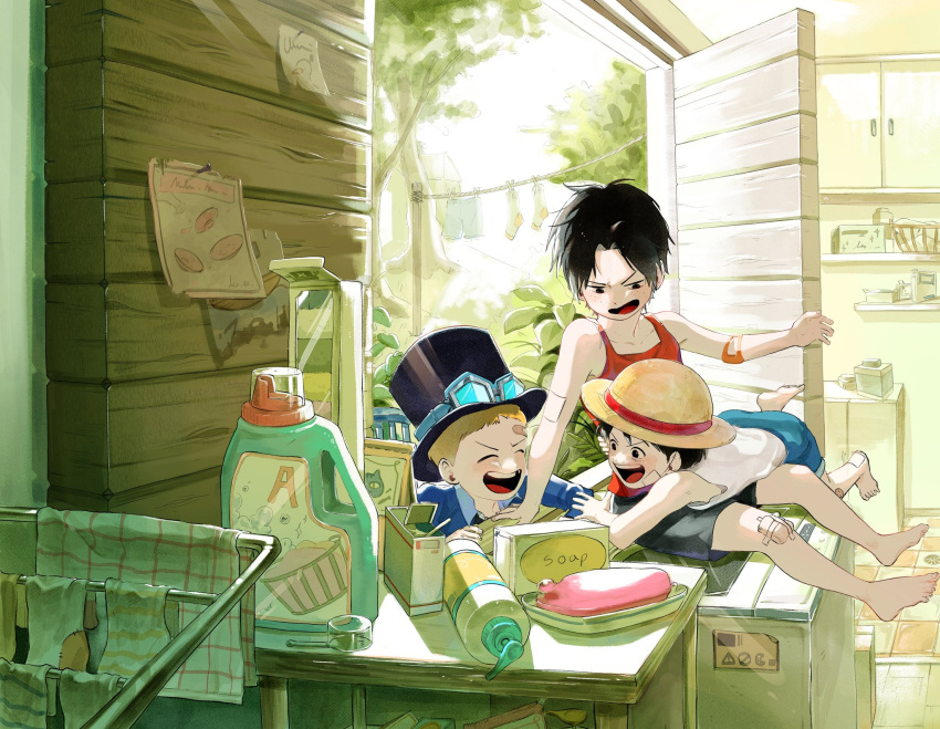3boys, ^_^, aged_down, bandaid, bandaid_on_face, bandaid_on_knee, bandaid_on_leg, black_hair