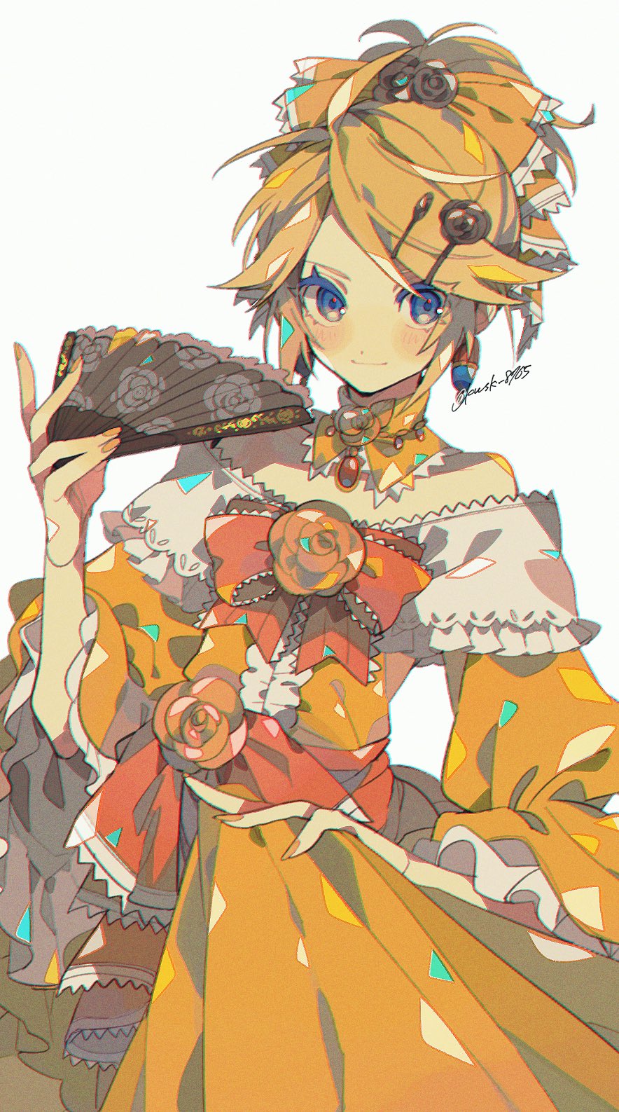 1girl, ahoge, aku_no_musume_(vocaloid), bare_shoulders, black_flower, black_rose, blonde_hair, blue_eyes