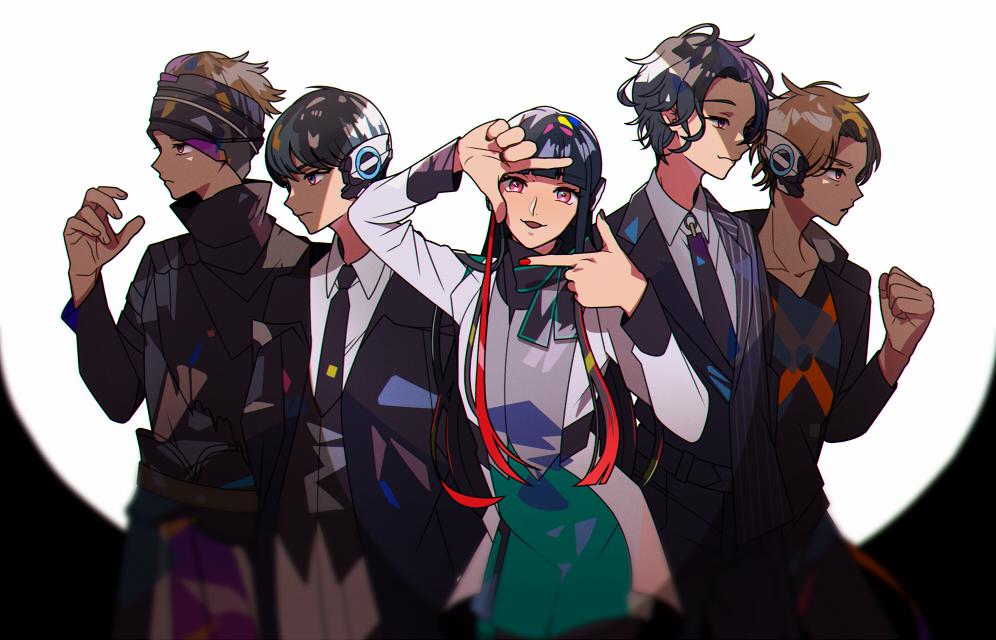 1girl, 4boys, android, as_(kamen_rider_01), black_hair, black_shirt, blonde_hair, blue_eyes