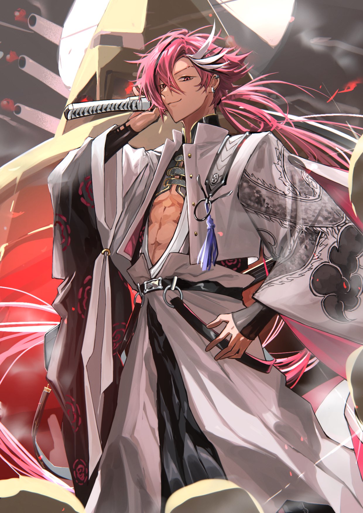 1boy, black_hair, cowboy_shot, dragon_print, earrings, eyebrow_cut, fate/grand_order, fate_(series)
