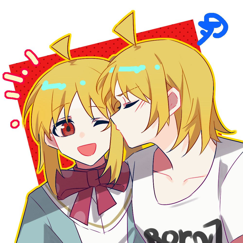 2girls, ahoge, blonde_hair, bocchi_the_rock!, bow, bowtie, chinese_commentary, commentary_request, ijichi_nijika, ijichi_seika, kiss, kissing_cheek, long_hair, multiple_girls, notice_lines, one_eye_closed, open_mouth, red_background, red_bow, red_bowtie, red_eyes, shirt, short_sleeves, siblings, sisters, smile, squiggle, two-tone_background, upper_body, white_background, white_shirt, xmyishipi