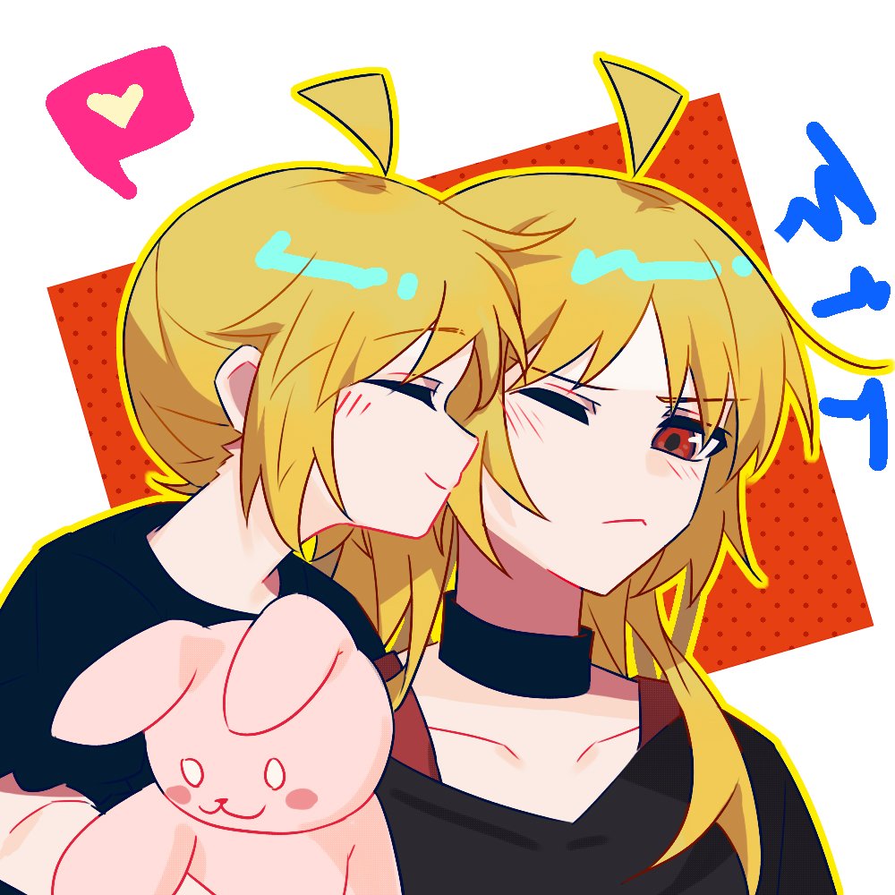 2girls, ahoge, black_choker, black_shirt, blonde_hair, bocchi_the_rock!, chinese_commentary, choker, closed_eyes, closed_mouth, commentary_request, frown, heart, holding, holding_stuffed_toy, ijichi_nijika, ijichi_seika, long_hair, multiple_girls, one_eye_closed, red_background, red_eyes, shirt, siblings, sisters, smile, spoken_heart, squiggle, stuffed_animal, stuffed_rabbit, stuffed_toy, two-tone_background, white_background, xmyishipi
