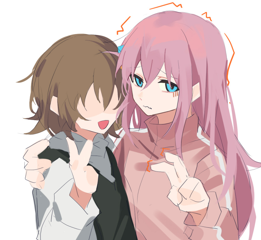 2girls, blue_eyes, bocchi_the_rock!, brown_hair, commentary_request, cube_hair_ornament, fan_2-gou, gotoh_hitori