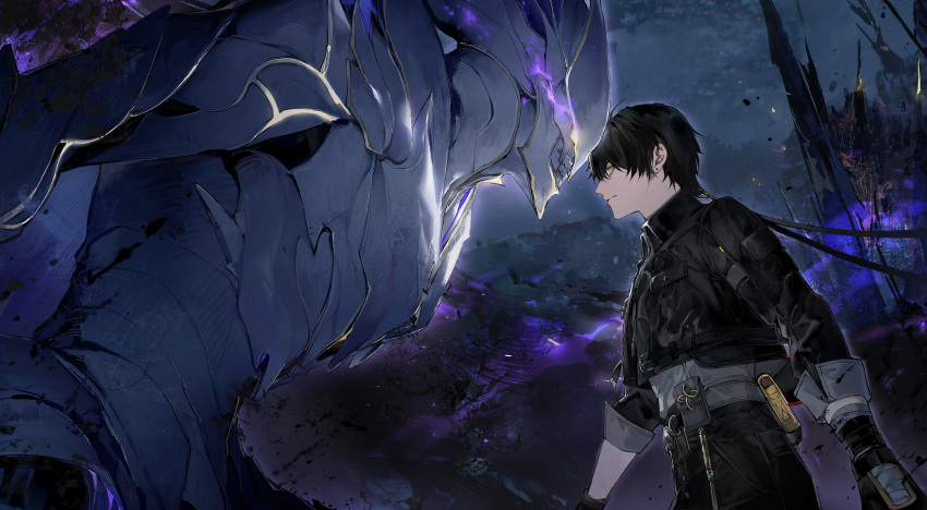 1boy, 1other, absurdres, armor, bandaged_arm, bandages, black_gloves, black_hair, black_jacket, black_pants, crownless_(wuthering_waves), ear_piercing, faceoff, gloves, glowing, glowing_eyes, gourd, highres, jacket, looking_at_another, low_ponytail, male_rover_(wuthering_waves), medium_hair, monster, pants, parted_lips, piercing, pouch, secretfj520, shirt, sleeves_rolled_up, white_armor, white_shirt, wuthering_waves, yellow_eyes