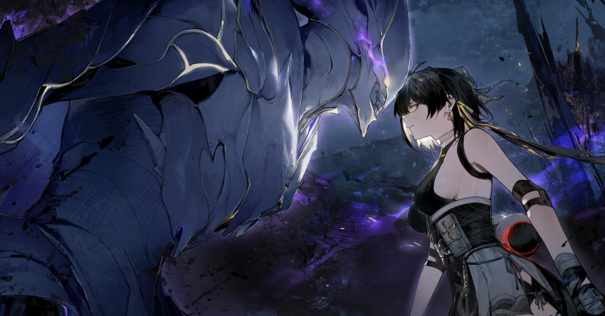 1girl, 1other, absurdres, armor, bandaged_arm, bandages, bare_shoulders, black_bow, black_gloves, black_hair, black_sash, bow, breasts, commentary, criss-cross_halter, crownless_(wuthering_waves), earrings, elbow_pads, english_commentary, faceoff, female_rover_(wuthering_waves), gloves, glowing, glowing_eyes, gourd, hair_bow, hair_ornament, halterneck, highres, hip_vent, jewelry, long_hair, looking_at_another, low_ponytail, medium_breasts, monster, parted_lips, pouch, rover_(wuthering_waves), sash, secretfj520, sideboob, sidelocks, white_armor, wuthering_waves, yellow_eyes