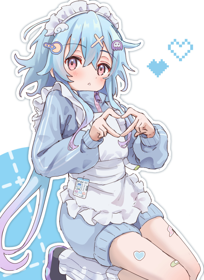 1boy, apron, arknights, bare_legs, black_footwear, blue_background, blue_hair, blue_shorts