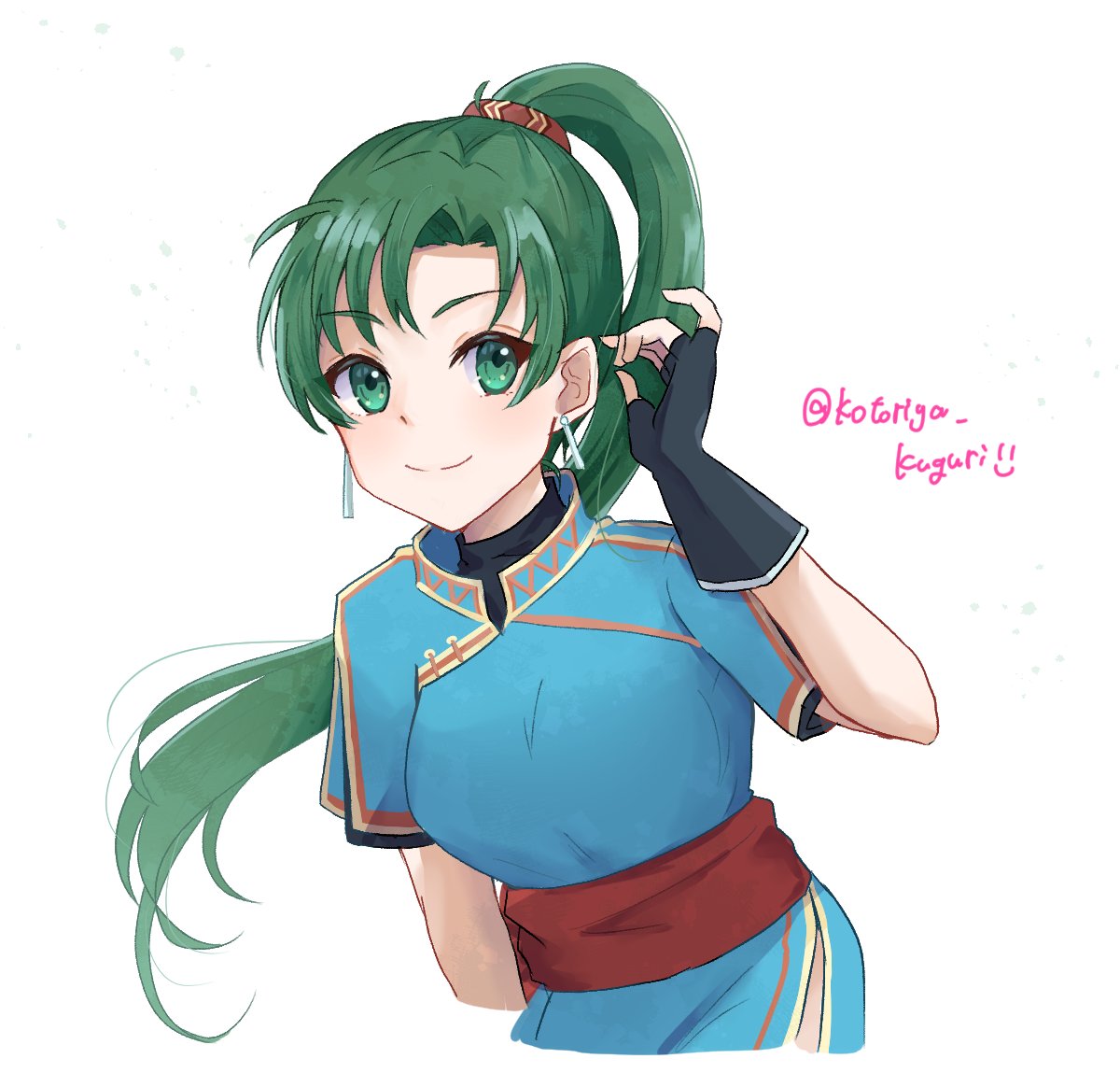 1girl, blue_dress, dress, durandal_(fire_emblem), earrings, fingerless_gloves, fire_emblem, fire_emblem:_the_blazing_blade