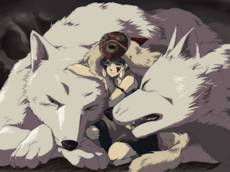 anime_coloring, closed_eyes, earrings, enigmasurao, facepaint, fur, jewelry, mask, mononoke_hime, sad, san, studio_ghibli, wolf