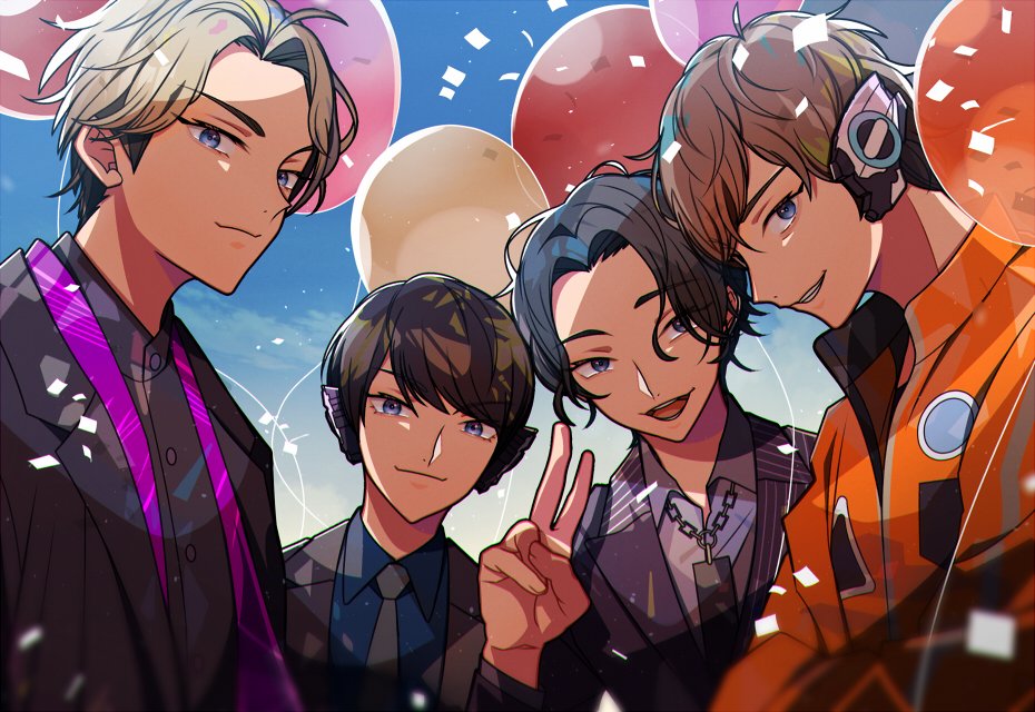 4boys, android, balloon, black_hair, black_jacket, black_shirt, blonde_hair, blue_eyes