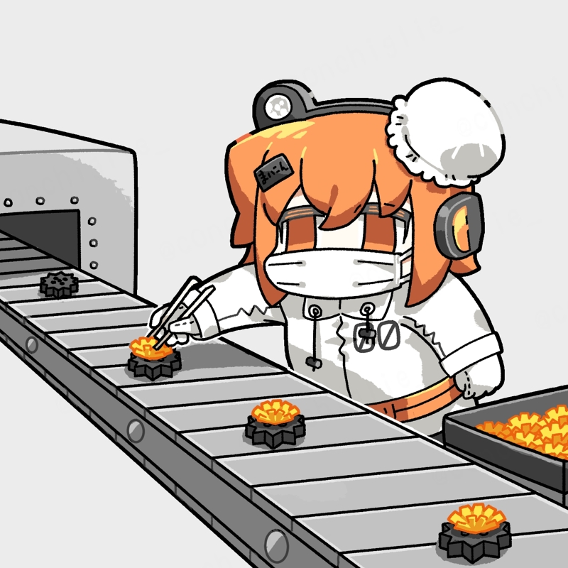 1girl, a.i._voice, adachi_rei, bun_cover, chibi, chopsticks, covered_mouth, empty_eyes, factory, flower, gears, gloves, grey_background, hair_bun, hair_ornament, hairclip, headlamp, headphones, holding, holding_chopsticks, jacket, long_sleeves, mask, medium_hair, mouth_mask, no_pupils, orange_eyes, orange_hair, production_line, reakaki, simple_background, single_hair_bun, solo, surgical_mask, utau, white_gloves, white_jacket, working, yellow_flower