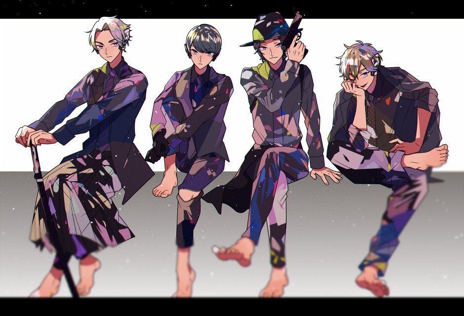 4boys, alternate_costume, alternate_universe, android, barefoot, black_hair, black_jacket, blonde_hair