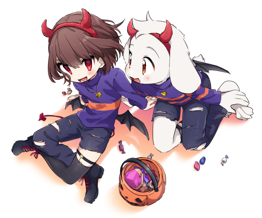 1boy, 1other, alternate_costume, arm_support, asriel_dreemurr, asymmetrical_pants, barefoot, bat_wings