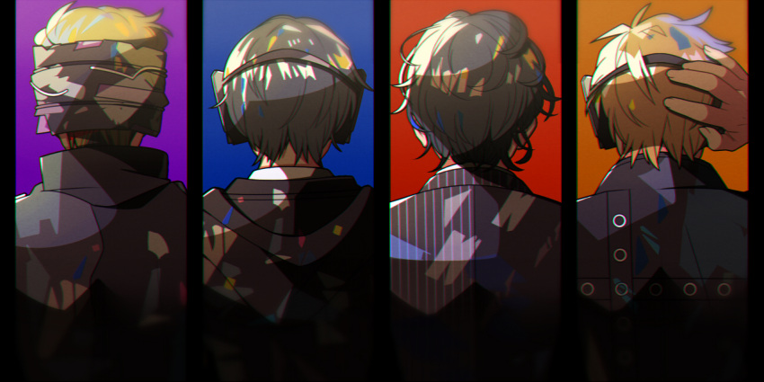 4boys, android, back, black_hair, blonde_hair, blue_background, brown_hair, facing_away