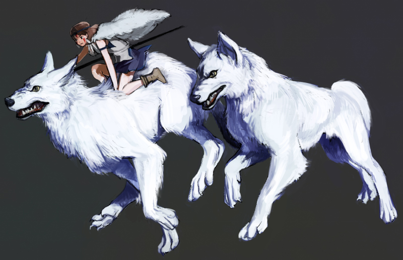 animal, armband, brown_hair, cape, earrings, facepaint, ghibli, headband