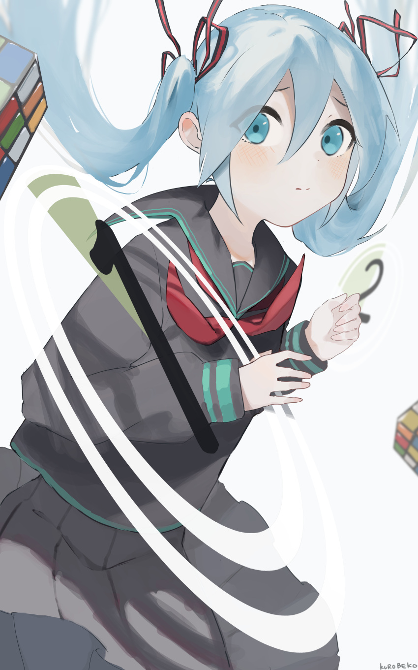 1girl, absurdres, aqua_eyes, artist_name, black_ribbon, black_sailor_collar, black_serafuku, black_skirt