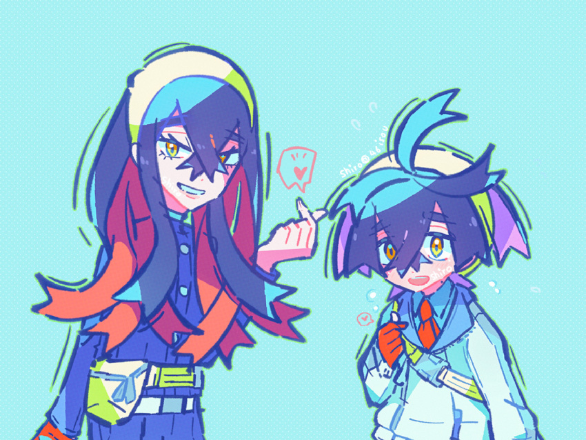 1boy, 1girl, artist_name, black_hair, blue_background, blue_jacket, brother_and_sister, carmine_(pokemon)