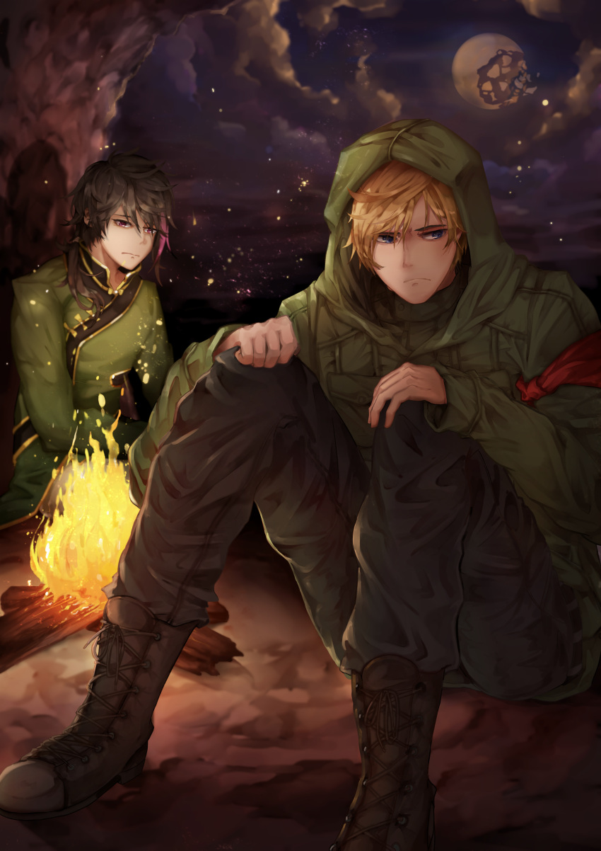 2boys, absurdres, bare_shoulders, black_hair, blonde_hair, blue_eyes, boots, brown_footwear