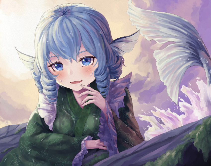 1girl, blue_eyes, blue_hair, blush, commentary, drill_hair, drill_sidelocks, fins, green_kimono, head_fins, highres, japanese_clothes, kimono, long_sleeves, looking_at_viewer, mermaid, monster_girl, open_mouth, pygrenix, sidelocks, solo, touhou, wakasagihime
