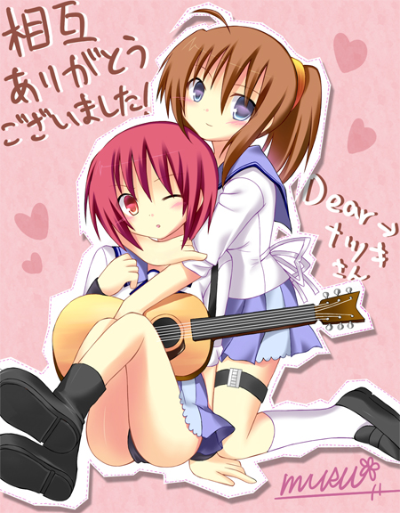 blue_eyes, boots, brown_hair, guitar, hisako_(angel_beats!), hug, hug_from_behind, instrument