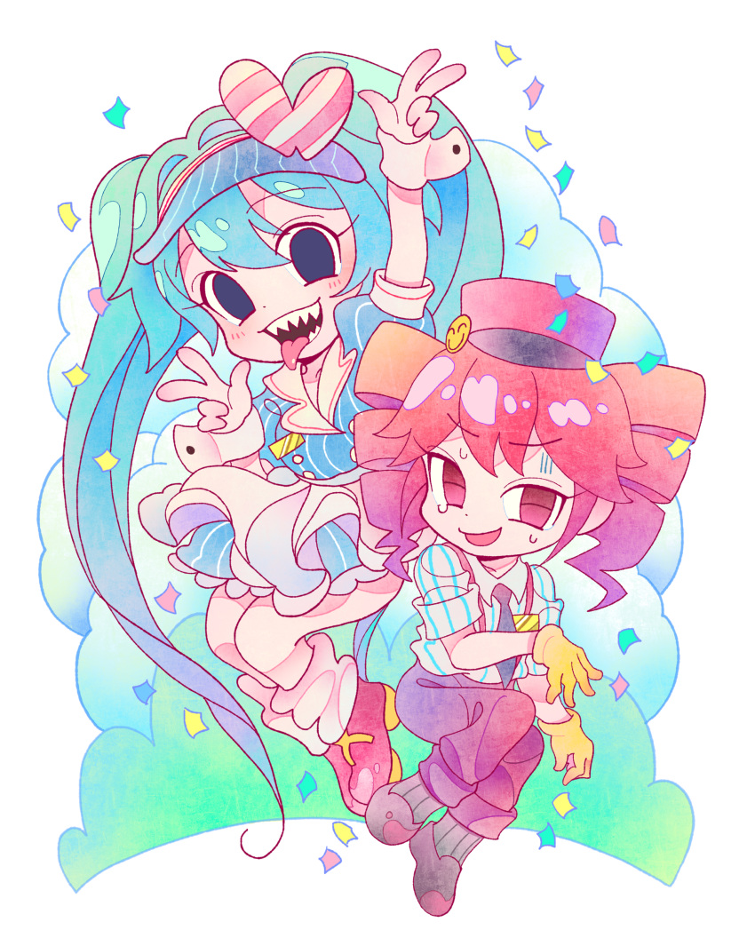 2girls, absurdres, arm_up, blue_eyes, blue_hair, chibi, commentary, confetti, double_w, drill_hair, empty_eyes, gloves, hat, hatsune_miku, highres, kasane_teto, kkakong88, long_hair, loose_socks, mesmerizer_(vocaloid), multiple_girls, open_mouth, pants, pink_eyes, pink_hair, sharp_teeth, shirt, skirt, smile, socks, striped_clothes, striped_shirt, suspenders, sweat, teeth, tongue, tongue_out, twin_drills, twintails, utau, very_long_hair, visor_cap, vocaloid, w, wrist_cuffs