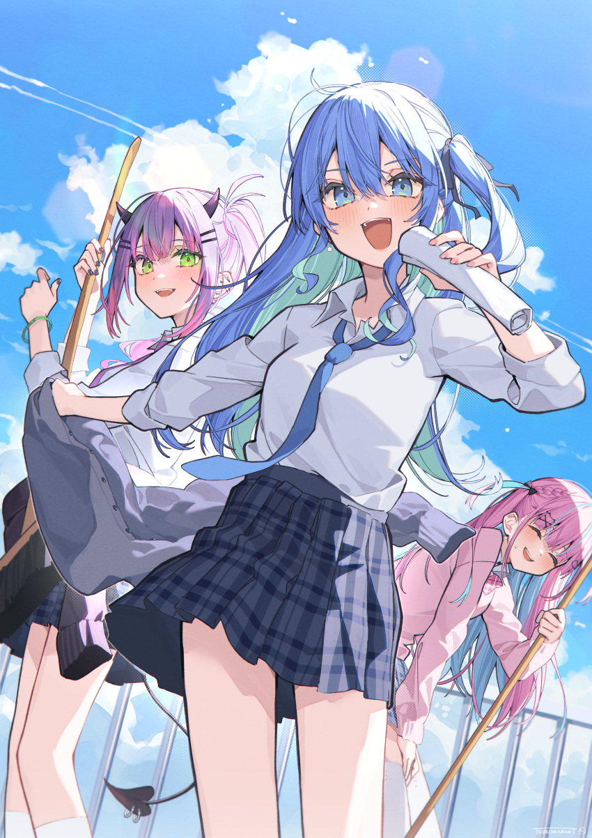 3girls, absurdres, barbell_piercing, black_bow, black_nails, black_ribbon, blue_eyes, blue_hair