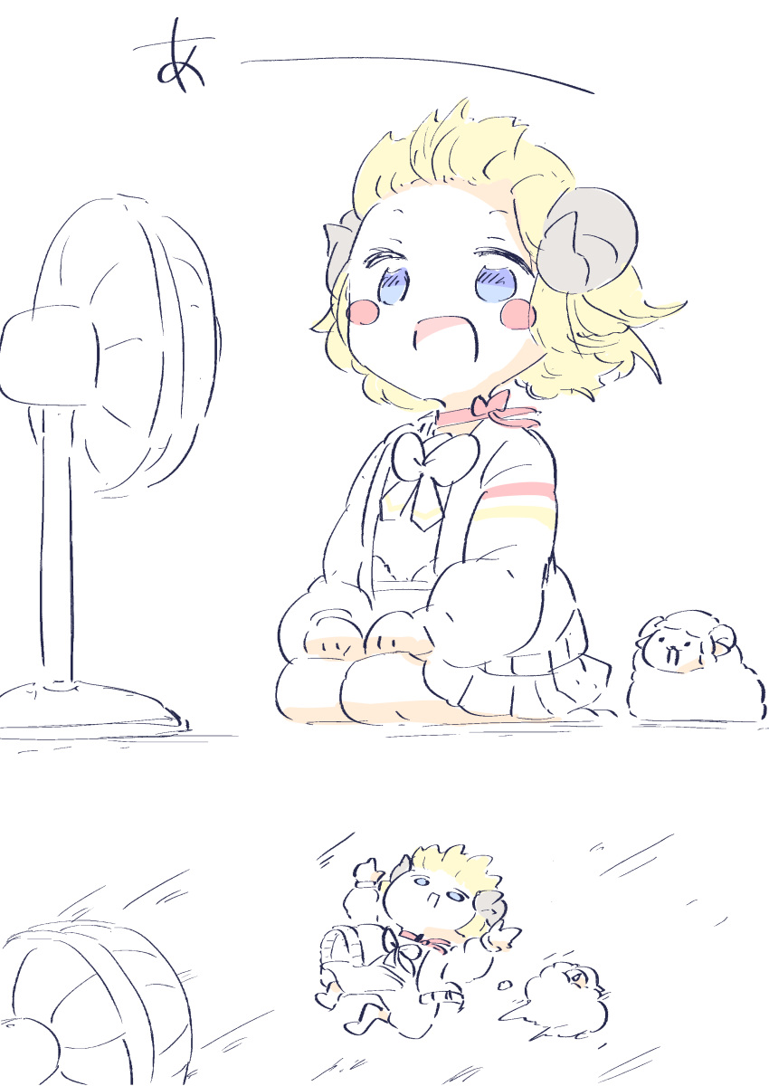 1girl, absurdres, animal_ears, blonde_hair, blown_away, blue_eyes, blush_stickers, bow, chibi, chiisai, commentary_request, fan_speaking, highres, hololive, horns, open_mouth, pleated_skirt, seiza, sheep_ears, sheep_girl, sheep_horns, simple_background, sitting, skirt, translated, tsunomaki_watame, virtual_youtuber, watamate, white_background