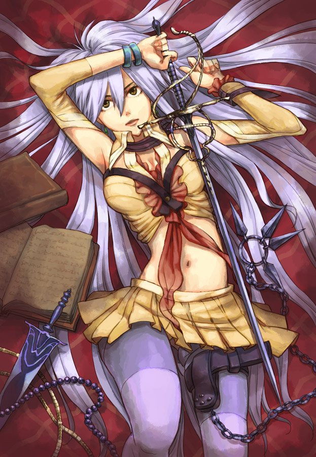 asymmetrical_clothing, bare_shoulders, book, bracelet, breasts, brown_eyes, chain, cleavage