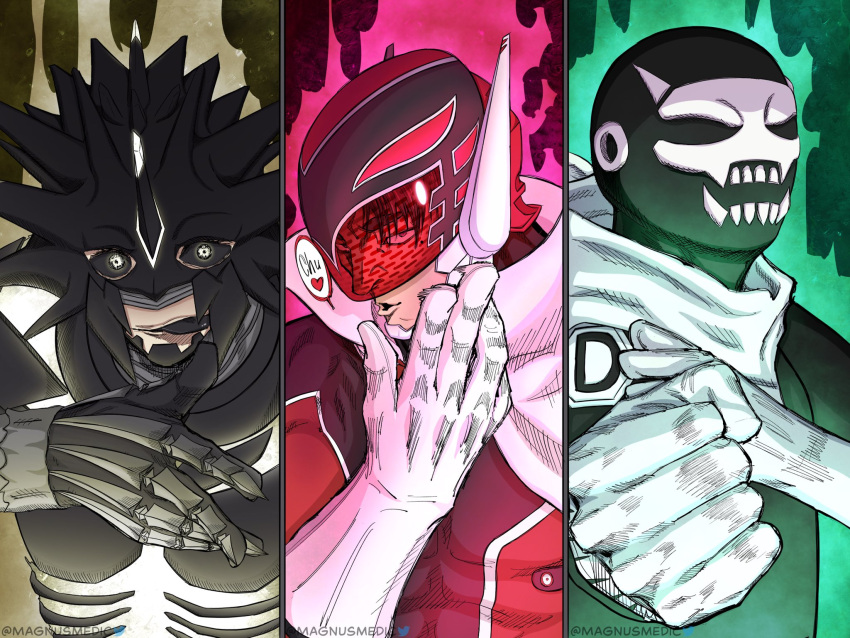 3boys, akabane_sousei, akutami_gege_(style), aura, black_sclera, cape, clenched_hands, colored_sclera