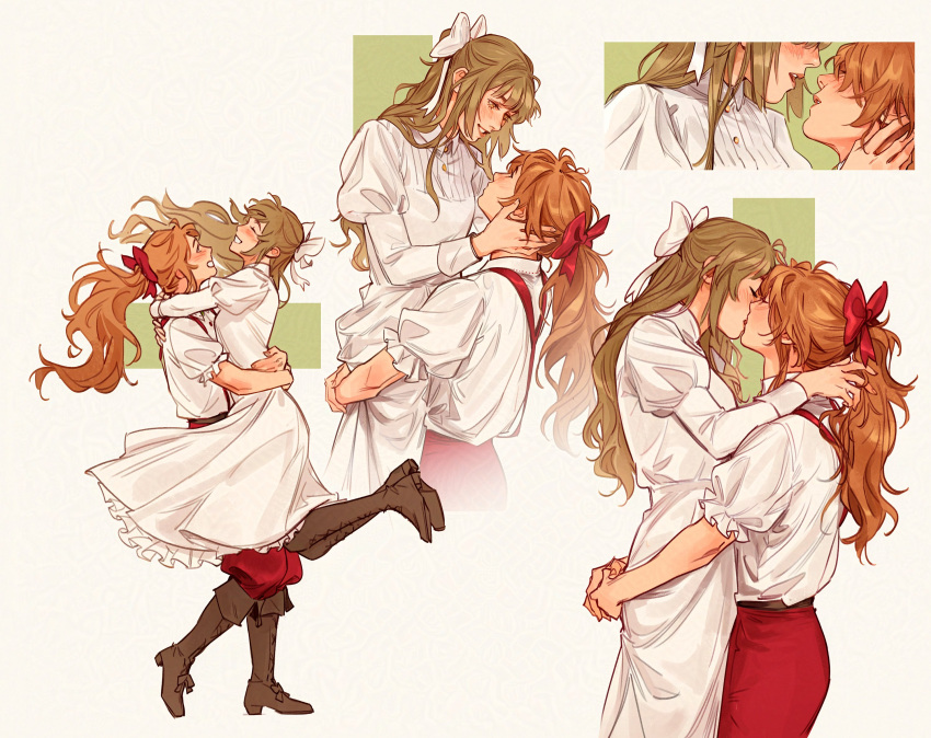 2girls, blush, bow, brown_hair, closed_eyes, dress, elise_liedl, hair_bow, highres, kiss, lebkuchen_(little_goody_two_shoes), lesly_oh, little_goody_two_shoes, long_hair, multiple_girls, orange_hair, parted_lips, ponytail, red_bow, smile, suspenders, white_bow, white_dress, yuri