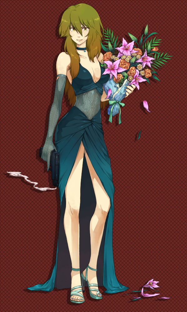 bouquet, breasts, brown_eyes, brown_hair, choker, cleavage, dress, elbow_gloves
